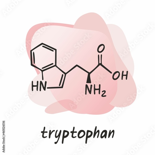 Chemical formula of the amino acid tryptofan is isolated on a grey abstract background. Symbol of an organic compound. Structure of an interchangeable amino acid. Cartoon flat vector illustration. photo