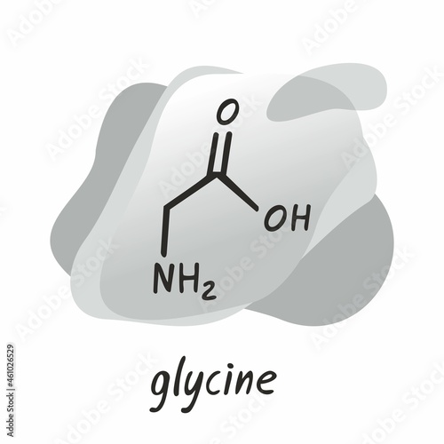 Chemical formula of the amino acid glycine is isolated on a grey abstract background. Symbol of an organic compound. Structure of an interchangeable amino acid. Cartoon flat vector illustration.