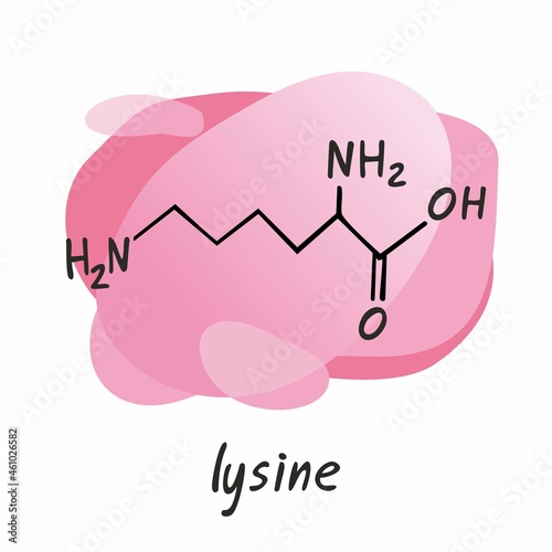 Chemical formula of the amino acid lysine is isolated on a colored abstract background. Symbol of an organic compound. Structure of an interchangeable amino acid. Cartoon flat vector illustration. photo