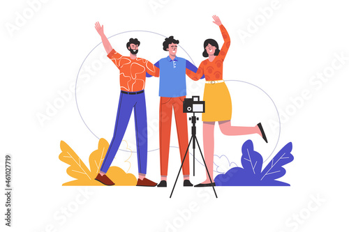 Friends hugs and is photographed with camera on tripod. Men and woman have fun together and take selfie photo, people scene isolated. Best memories concept. Vector illustration in flat minimal design