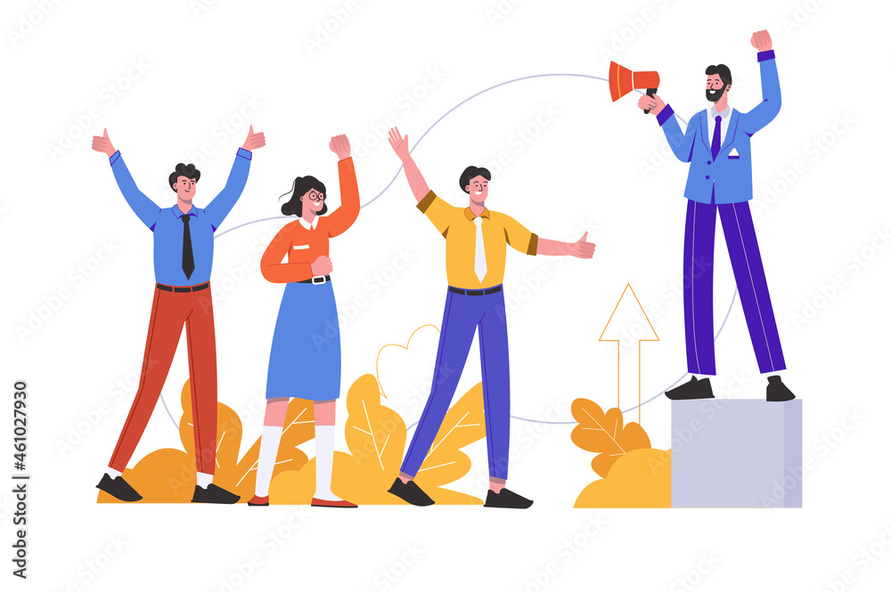 Motivational speaker with megaphone speaks inspiring speech to people. Leader at meeting, scene isolated. Motivation and achievement of career goals concept. Vector illustration in flat minimal design