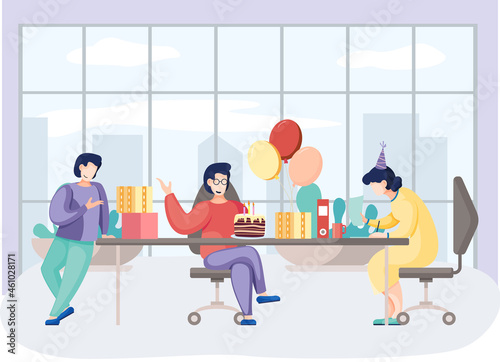 Birthday party in office flat vector illustration. Workers organize holiday, congratulate boss. Interaction, entertainment at workplace. Business team giving gifts balloonns and cake to colleague photo