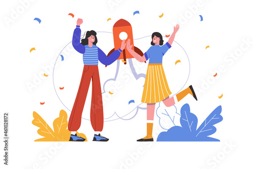 Successful startup concept. Women start new business project together, people scene isolated. Successful strategy, innovation, entrepreneurship, leadership. Vector illustration in flat minimal design