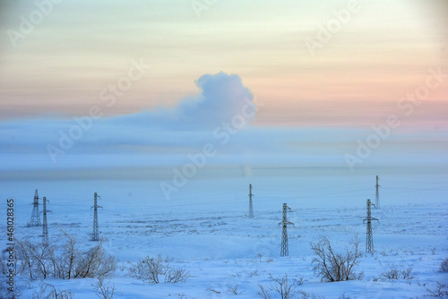 Pipe and smoke, mines of Vorkuta in winter