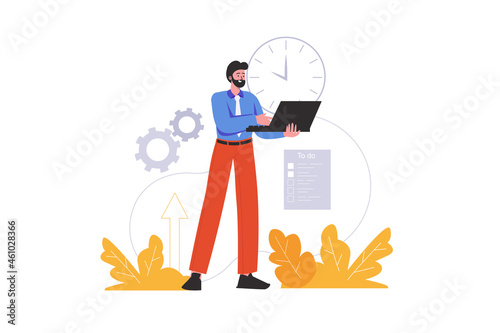 Man works on schedule and completes tasks on time. Organization of work process, deadlines and projects, people scene isolated. Time management concept. Vector illustration in flat minimal design