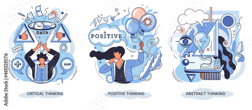 Brain activity. Critical thinking, positive thinking, abstract thinking types of intellection. Decision making, emotional intelligence, positive mindset, psychology and neurology. Creative metaphor