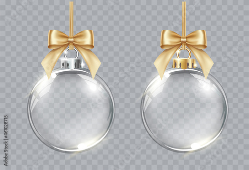 Stampa su Tela Collection of vector realistic transparent Christmas balls with gold bows on a light abstract background