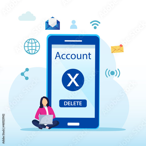 User deleting social account to waste bin. Concept of delete profile, account deactivation, remove data files or page. Flat vector illustration
