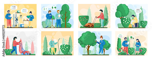 Fotografie, Obraz Seasonal gardening with characters of gardeners working in outdoor garden scenes set with people growing plants