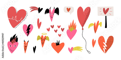 Valentine's Day pop art set. Various hearts, balloon, broken, demons and angel with wings, tiny, comet, in fire, like.