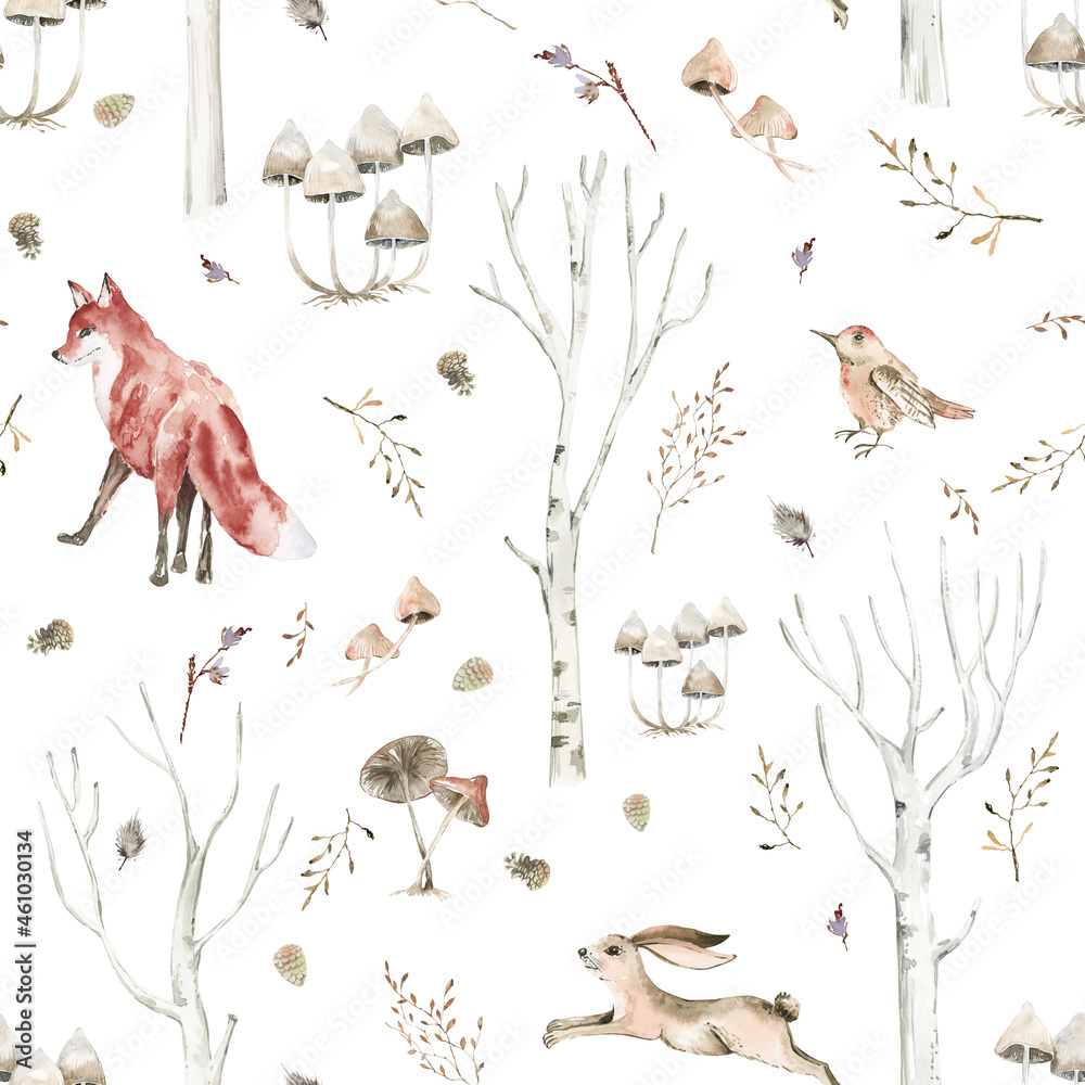 Fototapeta Winter woodland seamless pattern for fabric, Watercolor forest animals seamless digital paper, Natural Christmas repeat pattern for nursery decor, textile, wrapping paper, christmas gifts