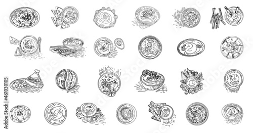 Set of healthy food Hummus. Vector hand drawn. Homemade organic hummus.