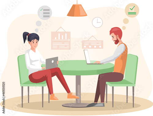 People work in company office. Man sitting and typing on laptop in coworking center. Female communicates with assosiate serfing internet or social media. Business team working with computer on meeting