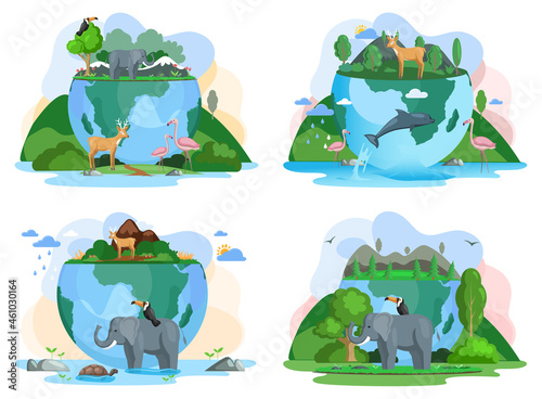 World animal day banner. Set of illustrations about Earth habitats, plants and wildlife. Biodiversity, conservation and environmental protection concept. Birds, mammals and fish on planet Earth