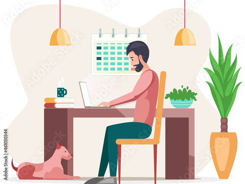 Bearded man, working person sitting at table in room and correspondence surfing Internet. Male character communicating through network on laptop. Freelance, work from home and home office concept