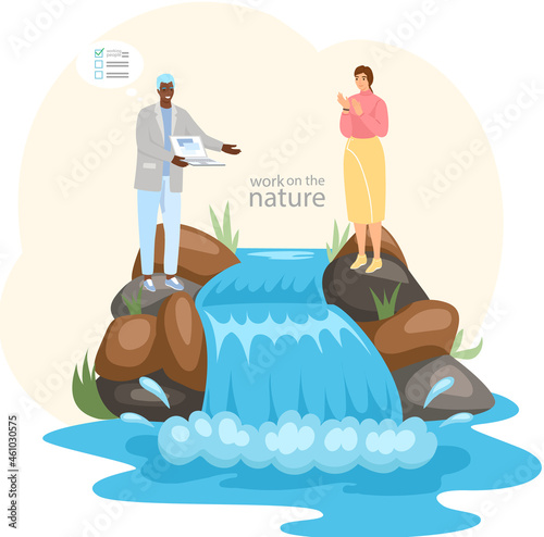 Young people working remotely on nature. Characters communicating through network on laptop. Freelance, work from anywhere in world. Woman and man plan business and solve work issues near waterfall