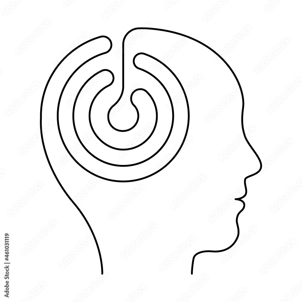 Head man with mental balance brain, maze continuous line. Contour profile face with inside organ think, mind, calm. Vector illustration Head man with mental balance brain, maze continuous line. Contour profile face with inside organ think, mind, calm. Vector illustration