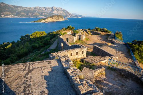 Ruins of medieval fortress Tvrdava Mogren at the shore of Adriatic sea, Montenegro.