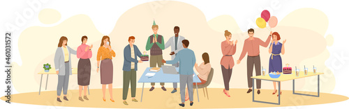 Birthday party in office flat vector illustration. Workers organize holiday, congratulate boss. Interaction, entertainment at workplace. Business team giving gifts balloonns and cake to colleague