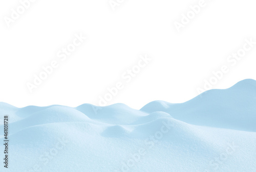 Snowfall season.Snowy Christmas Background. A large beautiful pile of snowdrift isolated on white. A big fresh snow drift.Frosty white winter scene.