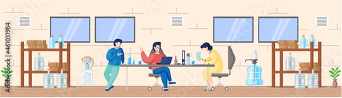 Group of people have conversation and drink water, office cooler chat. Businessmen and businesswomen discuss social network and news. Business people drink filtered water during discussion on meeting