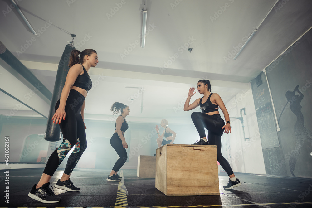 Fototapeta premium Fitness group of strong women having cross-functional training in the gym