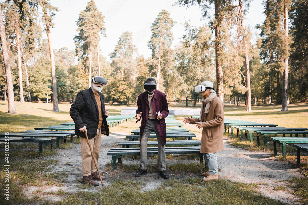 Fototapeta premium Multiethnic senior friends with smartphone and walking cane using vr headsets in autumn park