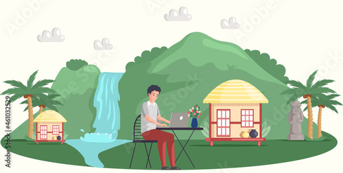 Man travels and works remotely anywhere in world. Character communicating through network on laptop. Person correspondence, surfing Internet and sitting at table in nature near mountain and river