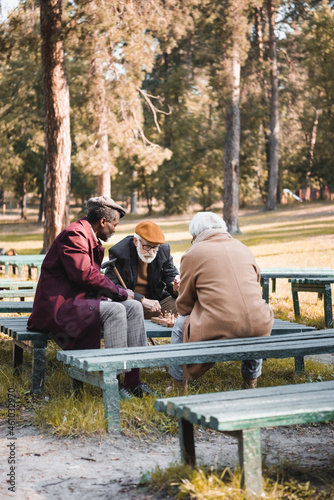 Senior man playing chess with multiethnic friends on benches in park