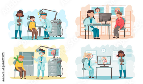 Otolaryngologist doctor with nose, ear and throat or ENT diagnostic and treatment instruments. Otology doctor with patient. Otorhinolaryngology healthcare medicine or otolaryngology diseases
