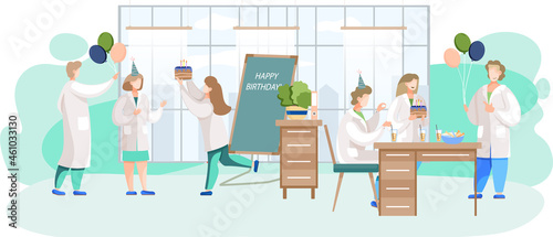 Birthday party in hospital, fun entertainment in medical office. Doctors organize holiday congratulate colleague. Interaction, entertainment at workplace. Team of medics giving gifts and cake