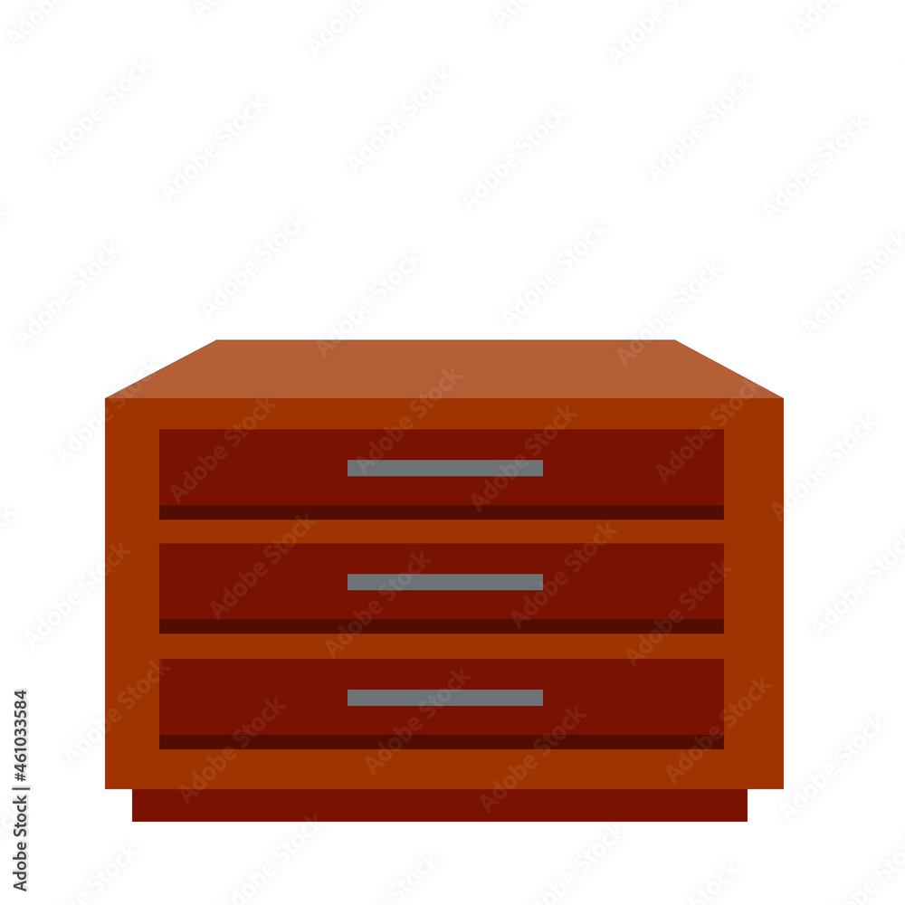Bedside table and nightstand. Wooden brown furniture. Flat isolated illustration. Square wardrobe with drawers
