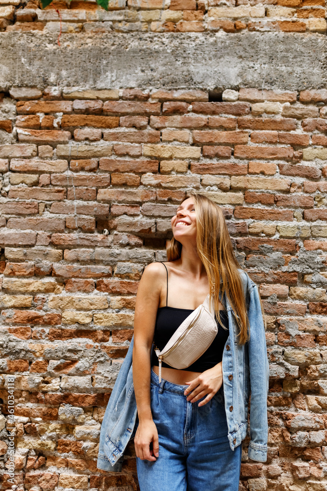 A hipster girl with long brown hair wearing a denim is looking aside while standing on a brick wall background on a street. Empty space for text o design. A hipster girl with long brown hair wearing a denim is looking aside while standing on a brick wall background on a street. Empty space for text o design.