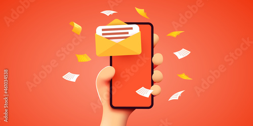 Hand holding mobile smart phone with mail app. Mail service concept.