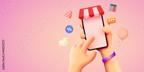 Hand holding mobile smart phone with shopp app. Online shopping concept.
