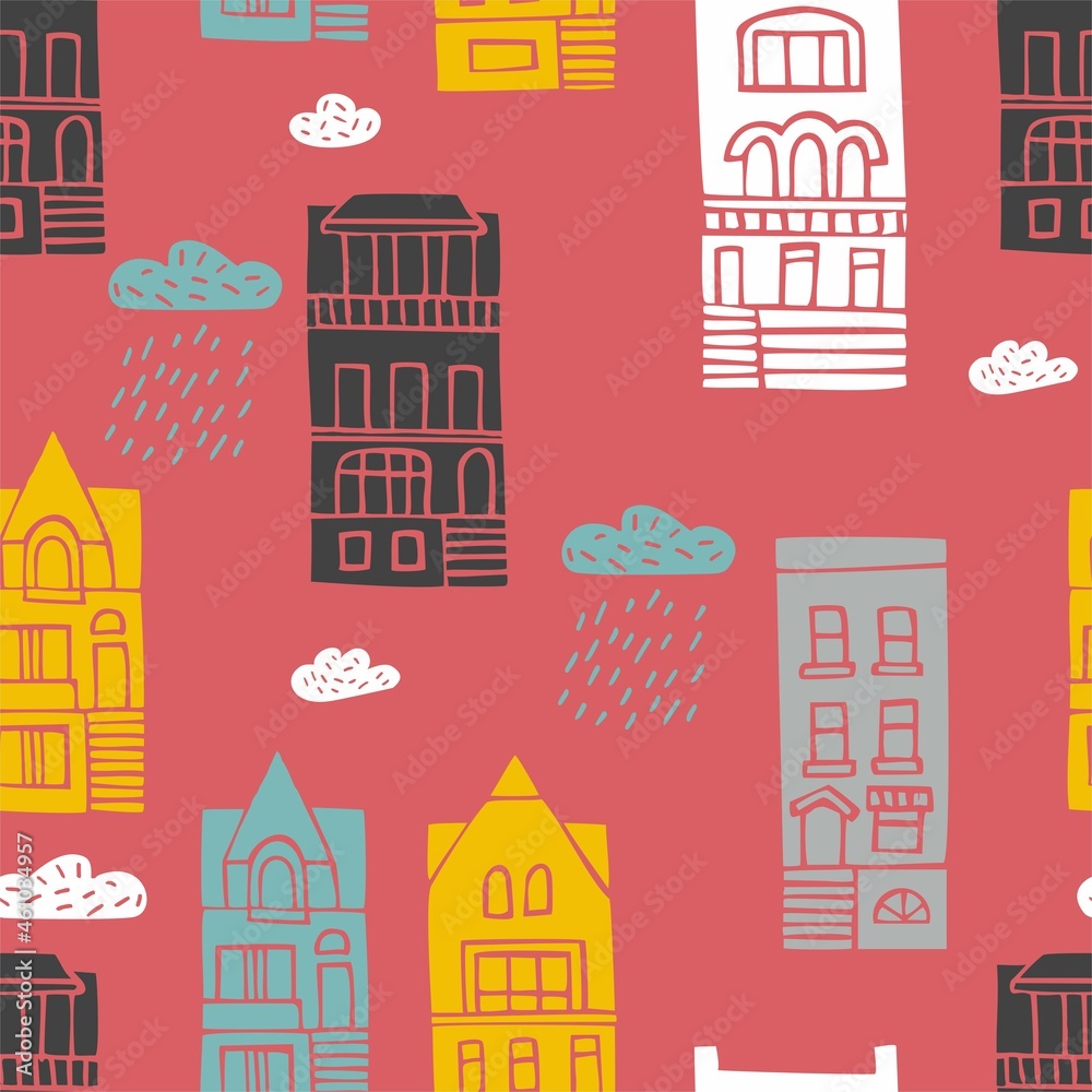 Decorative pattern with old houses, clouds and rain isolated on pink. A background with a fabulous city in a flat style for printing on fabric, wallpaper, wrapping paper. cartoon vector illustration.