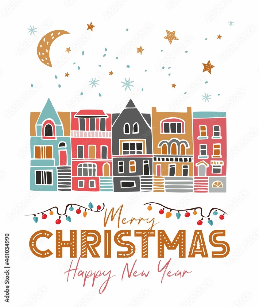 Decorative New Year poster with vintage houses, starry sky, moon,  garlands isolated on white. A Christmas card with a festive nigth winter street in the Nordic style. Cartoon vector illustration
