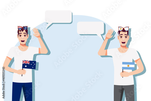 Men with Australian and Argentine flags. The concept of international communication, education, sports, travel, business. Dialogue between Australia and Argentina. Vector illustration.
