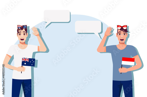 Men with Australian and Indonesian flags. Background for the text. The concept of sports, political, education, travel and business relations between Australia and Indonesia. Vector illustration.