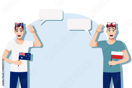 Men with Australian and Polish flags. The concept of international communication, education, sports, travel, business. Dialogue between Australia and Poland. Vector illustration.
