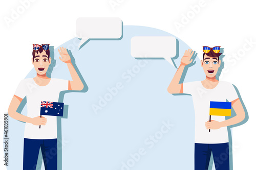 Men with Australian and Ukrainian flags. Background for the text. The concept of sports, political, education, travel and business relations between Australia and Ukraine. Vector illustration.