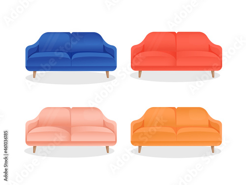 Set of colored sofa on an isolated white background. Vector illustration of comfortable home couch for interior design. Contemporary furniture. Icon, element. Collection of sofas in flat cartoon style