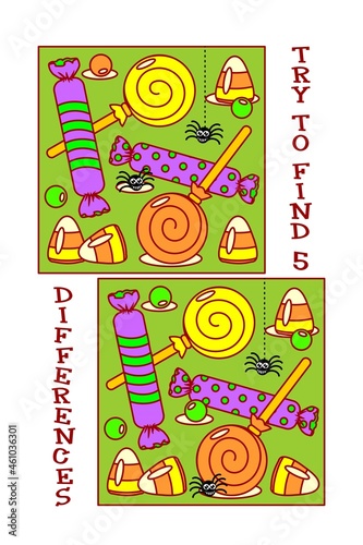 Halloween candy and sweets find differences visual puzzle or picture riddle.
