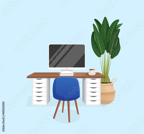 Workspace with computer, table, plant, chair and cup on isolated blue background for home office, cabinet, remote work, freelance, teaching. Vector illustration in flat cartoon style.