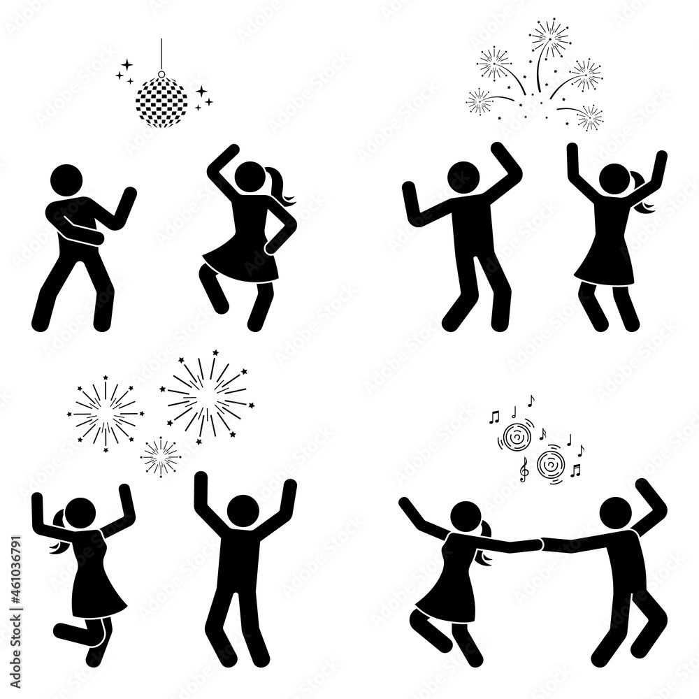 Happy stick figure man and woman dancing hands up night club fireworks