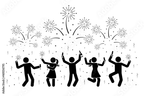 Happy stick figure man woman drinking champagne, celebrating New Year, dancing hands up, watching fireworks vector illustration icon set. People jumping, night party silhouette pictogram background