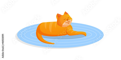 Ginger cute cat lies on a cozy carpet. Vector cartoon illustration.
