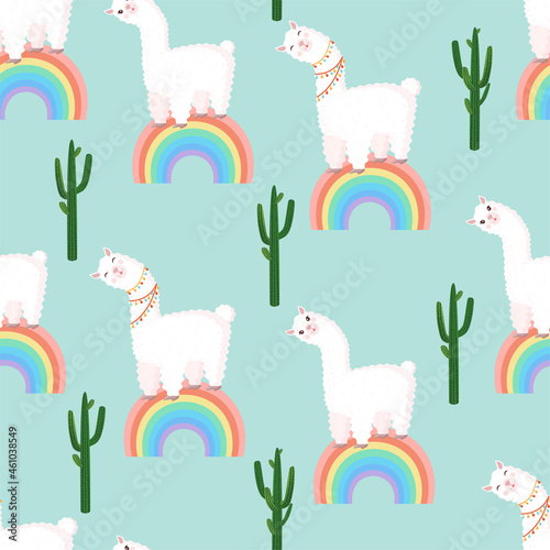 Seamless pattern with llamas on a rainbow with cactus. Vector illustration for baby texture, textile, fabric, poster, greeting card, decor. Cute alpaca from Peru. Textures with animals.