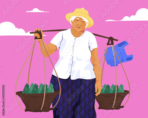 Elderly asian street food hawker selling local produce