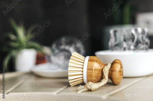 Ecological natural dish brush lies on the sink